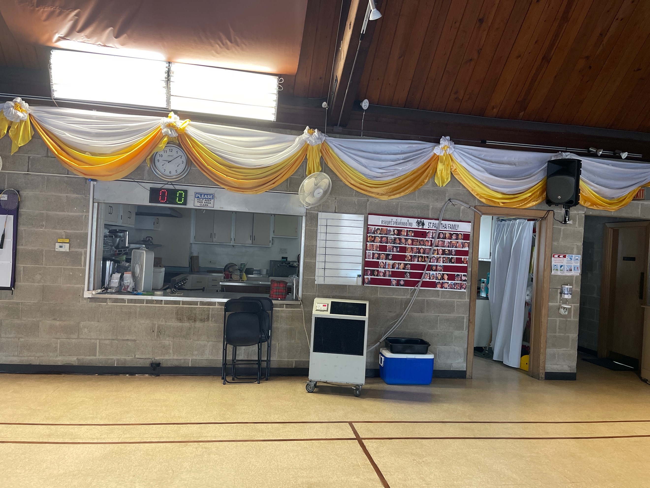 Office Pro, portable AC ducted through stained glass window in Church. 